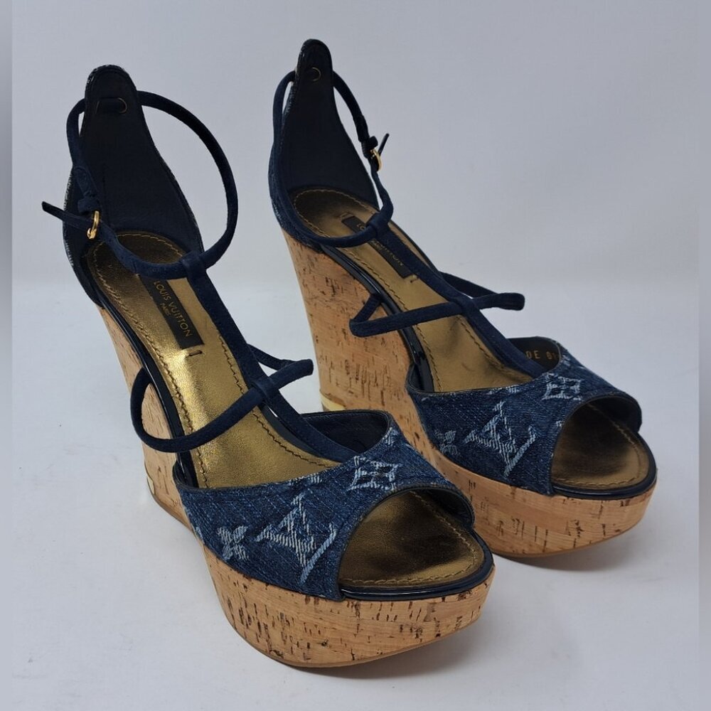 Louis Vuitton Monogram Denim Wedge Platform Ankle Wrap Pumps Shoes 7.5 / 37.5 EU - Picture 5 of 16